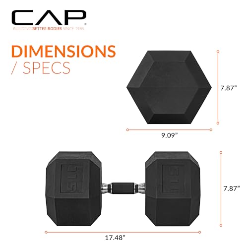 Image of CAP Rubber Coated Dumbbell Weights, Free Weights for Home Gym Strength Training, Anti-Roll Hex Dumbbells with Black, Chrome & Comfort Grip Handles, Singles