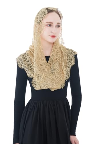 Wgior Spanish Infinity Veils for Church Lace Chapel Veils Catholic Church Veil Latin Mass Head Covering Scarf Mantilla (Beige)