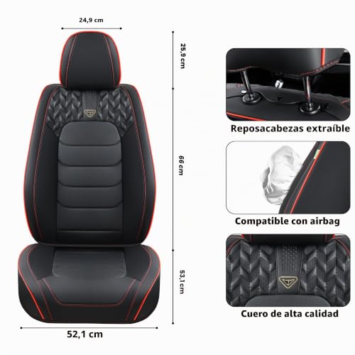 Miniatura 4 de Florich Fundas Para Asientos De Coche, Juego Completo Fundas Para Asientos Delanteros Y Traseros, Cuero, Universal, Impermeable, Para Berlinas, Suv Juego Completo, Negro Rojo