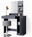 Vicco Schminktisch Julia – Stilvoller Kosmetiktisch mit Spiegel und Schubladen für Mädchen und Damen, inkl. Hocker und Beleuchtung – 90 x 38 cm, Anthrazit