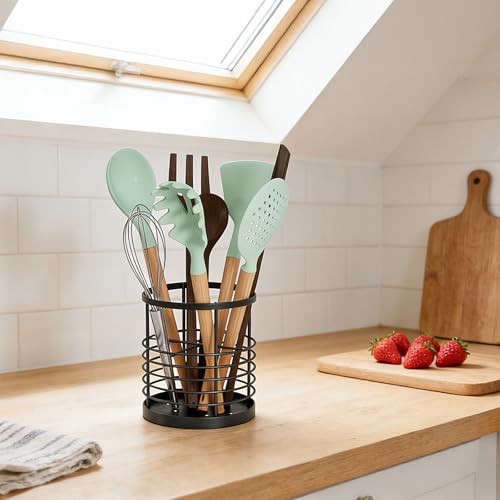 Image of WDT Tool Utensil holder for Kitchen Counter - 5.2 inch x 5.2 inch x 6 inch Large Round Utensils Holder with Wooden Base Matte Black Cooking Utensil Holder，Kitchen countertop Utensil Organizer (Metal-1)