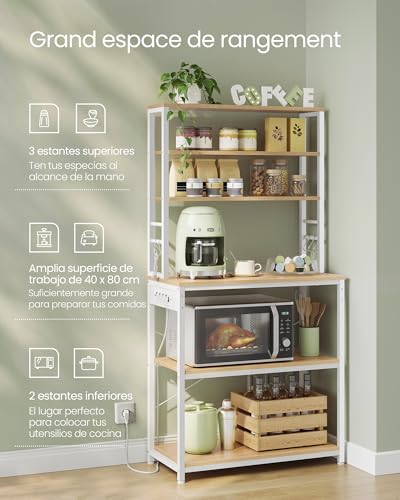 VASAGLE Estantería de Cocina con Enchufes, Estantería de Pie para Cocina, Estantería para Microondas, 6 Estantes y 6 Ganchos, Marco de Acero, 40 x 80 x 167 cm, Roble Dorado y Blanco Nube KKS119Y02 - imagen 4