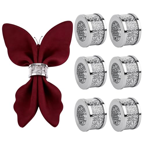 Framendino, Lot de 6 ronds de serviette argentés brillants avec diamant écrasé pour décoration de table pour fête mariage