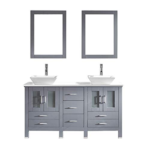 Virtu Usa Md-4305-S-Gr-001 Bradford 60" Double Bathroom Vanity In Grey With White Engineered Stone Top And Square Sink With Brushed Nickel Faucet And Mirrors, 60 Inches, Cool Gray #TOP9