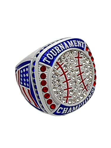 Discount Sports Rings BALL CHAMPION RING — WHITE BODY, RED STONES, BLUE SIDES, NATIONAL RING Championship Ring, Premium Softball Baseball Ring/Player/Team Awards/Tournament Rings 4-56, Blue,White,Red