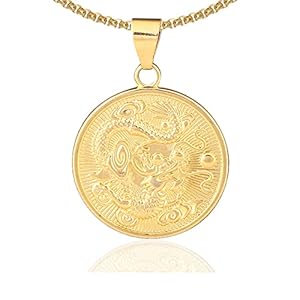 Hip Hop 18K Gold Plated Dragon Round Tag Pendant Animal Necklace,22″ Box Chain