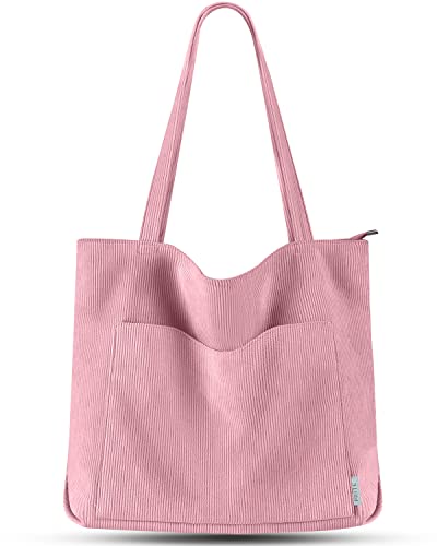 Prite Corduroy Tote Bag for Women Large Shoulder Bag with Zipper and Pockets for College School Work Travel Shopping (Pink) Prite Corduroy Tote Bag for Women Large Shoulder Bag with Zipper and Pockets for College School Work Travel Shopping (Pink)