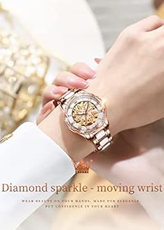OLEVS Women's Rose Gold Automatic Watches Skeleton Mechanical Self Winding Ladies Elegant Luxury Dress Butterfly Diamond White Ceramic Band Watch Gift