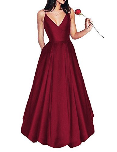 jicjichos Women's Spaghetti Straps V-Neck Satin Prom Dresses Long Formal Gown Size 10 Burgundy