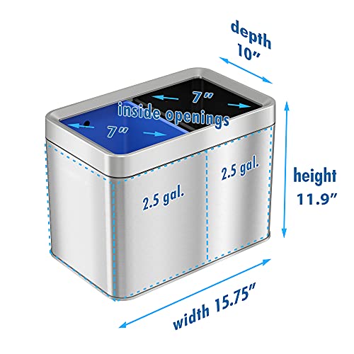 Image of iTouchless 20 Liter / 5.3 Gallon Open Top Waste Trash Can & Recycle Bin with 2 Recycle Stickers, Dual Compartment Slim Stainless Steel Container