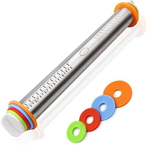 ANREONER 17 Inch Rolling Pin, Non Stick Stainless Steel Dough Roller with 1/16, 1/8, 1/4 and 3/8 Inch 4 Pairs Detachable Thickness Guide Rings for Baking/Dough/Pizza/Pie/Pastries/Pasta/Cookies …