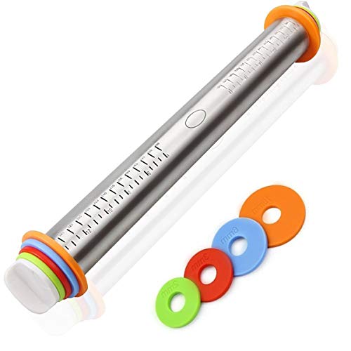 Anreoner 17 Inch Rolling Pin, Non Stick Stainless Steel Dough Roller With 1/16, 1/8, 1/4 And 3/8 Inch 4 Pairs Detachable Thickness Guide Rings For Baking/Dough/Pizza/Pie/Pastries/Pasta/Cookies … #TOP26