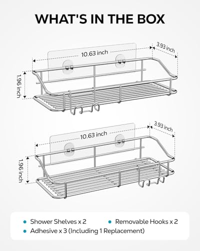 Image of Nieifi KIMEE Shower Caddy Shelf Storage Rack Adhesive Without Drilling Stainless Steel with Hooks for Washroom, Lavatory, Restroom, Toilet, Bathroom, Kitchen - 1 Pack | No Drilling,with 2 Hooks,Shower Shelves for Washroom,Lavatory,Restroom,Toilet,Bathroom,Kitchen