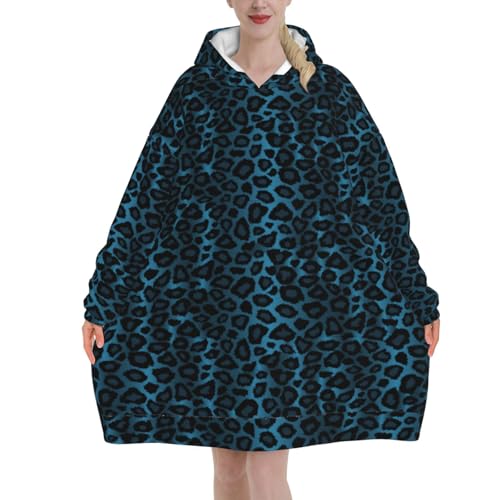 Sweat à capuche plaid imprimé léopard bleu avec manches et poches pour adulte