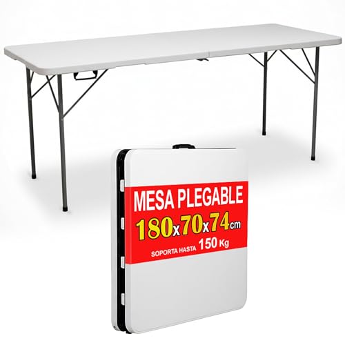 Mesa Plegable Portátil Multifuncional 180 Cm Estructura Acero Pop Up Asa Transporte Diseño Compacto Liviana Estable Duradera Exterior Interior Camping Eventos Reuniones Terraza Jardín Comedor