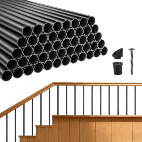 VEVOR 125 Pack Deck Balusters, 91.4 cm Aluminum Railing Spindles, 1.9 cm Diameter Hollow Round Metal Decking Stair Balusters with Connectors, Screws, for Deck, Porch & Staircase Railing Fence, Black