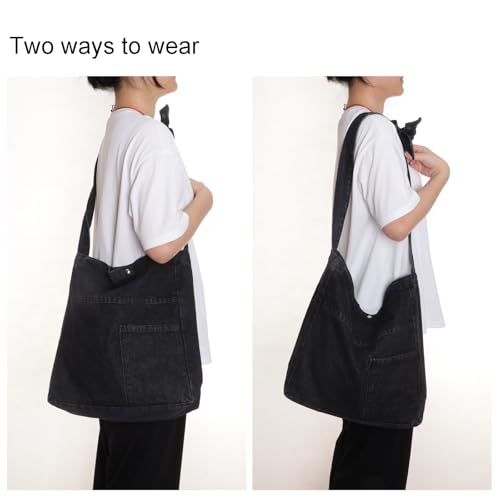 Image of Denim Shoulder Bag - Women's Retro Large Canvas Crossbody Tote Bag, Casual Style Lightweight