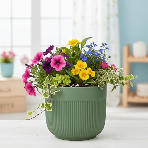 Image of Xtore Fresh Dual-Texture Ceramic Planter Pot for Indoor Plants | Contemporary Ribbed Flower Pot for Home, Office Desk & Balcony Decor (Matte Green - Planter only)