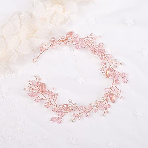 Kercisbeauty Wedding Pink Crystal Pearl Rose Gold Boho Headband For Bride Bridal Headpiece Bridesmaid Flower Girl Hair Accessory Prom Hairdress Rustic Wedding Women Vine #TOP2