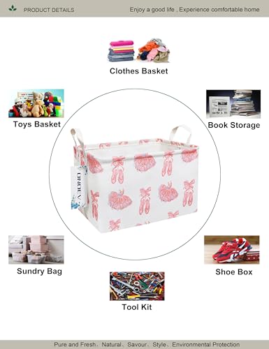 Image of Rectangular Pink Ballerina Closet Storage Bin | Damp resistant canvas fabric, sturdy stitched carry grips, space-saving holder arranges bedroom and vanity daily supplies