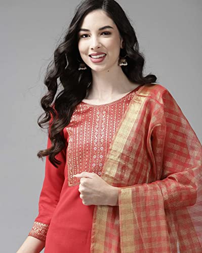 Image of INDO ERA Women's Cotton Blend Yoke Design Straight Kurta with Pant & Dupatta Set