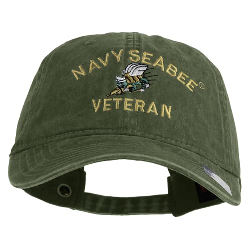 e4Hats.com US Navy Seabee Veteran Military Embroidered Washed Solid Pigment Dyed Cotton Twill Brass Buckle Cap - Olive OSFM