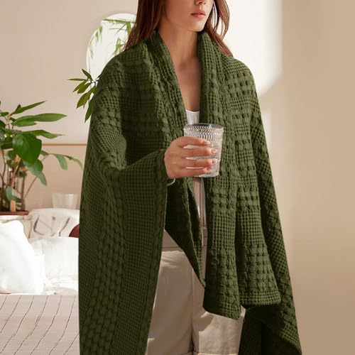 Image of PHF 100% Cotton Waffle Throw Blanket for Couch, Lightweight Breathable and Soft for Summer, Luxury Aesthetic Waffle Weave Blanket for Home Decor & Office, Gifts for Women, 50 inchx60 inch, Capulet Olive