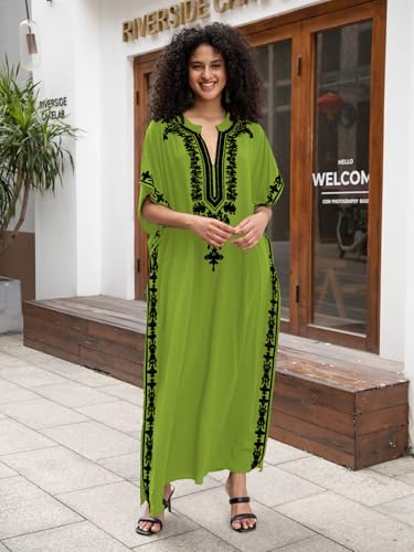 Image of KECVOT Kaftan Dresses for Women Embroidered Short Sleeve V-Neck Plus Size Caftan Bikini Swimsuit Cover-Up Long Beach Dress