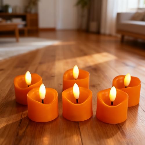 Image of CANDLE CHOICE Battery Operated Flameless Tea Lights Realistic Black Wick Bright Flickering LED Tealight Votive Candles Wedding Party Table Halloween Christmas Decorations Batteries Incl. 6 Pack Orange