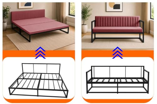 Image of Metal Sofa Bed for Living Room | Modern Industrial Design Metal Frame Three Seater Sofa Bed for Home, Office & Lounge-Rose Pink