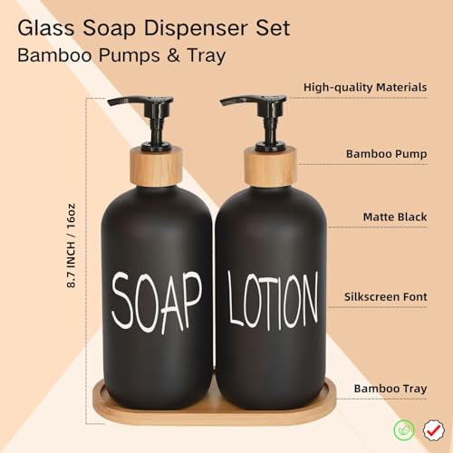 Image of Black Soap Dispenser Bathroom Set, Set with Glass Dispenser, Bamboo Pumps & Tray. Hand and Lotion Suitable for Farmhouse Decor