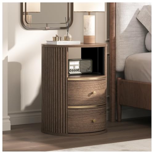 Image of JOINICE Walnut Round Nightstand with Storage, Open Shelf and 2 Drawers