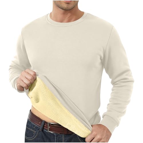 Mens Winter Thick Warm Tops Solid Color Round Neck Casual Pullover Fleece Lined Long Sleeve Classic Tops