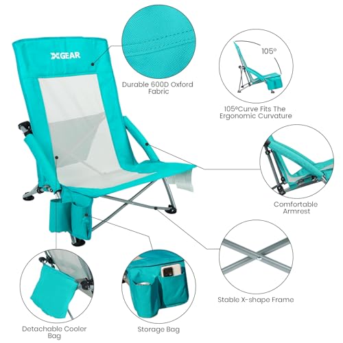 XGEAR High Back Folding Beach Chair with Detachable Cooler Bag High Back Mesh Back Sand Chair for Beach, Lawn, Camping, Travel, Support Up to 350 lbs 2pc