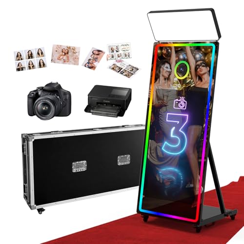 65'' Magic Mirror Photo Booth with 43'' Touch Screen, Mirror Photo Booth with Camera and Printer, Square Fill & LED Light, Instant Sharing & Branded Flight Case for Wedding, Party & Event-Black