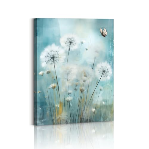 Dandelions Blue Canvas Print Neutral Floral Picture Paintings Dandelions Pictures for Bedroom Bathroom Decor White Flower Flora Dandelion Picture Canvas Prints Artwork Framed Ready To Hang 12"x16" by Typruye - Used condition - US$18.67