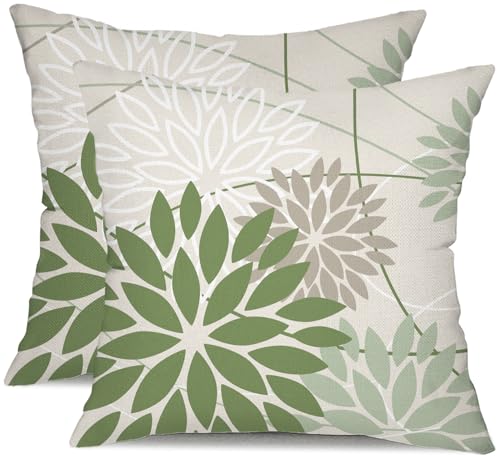 DFXSZ Green Gray Floral Outdoor Pillow Covers 18x18 Set of 2 Waterproof