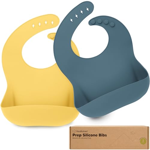KeaBabies 2-Pack Silicone Bibs for Babies, Toddlers Girl, Boy – Sturdy Food-Grade Baby Bibs for Eating, Large Food Catcher, Clean & Put On Easily, Waterproof Toddler Feeding Essentials (Valiant)