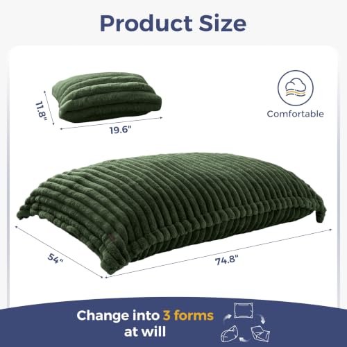 Image of MAXYOYO Giant Bean Bag Chair with Pillow, 3 in 1 Convertible Bean Bag Chair for Adults with Removable Cover, Floor Cushion Stuffed Floor Lounger for Living Room Bedroom, Dark Green