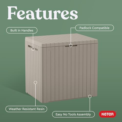 Image of Keter City 30 Gallon Resin Outdoor Storage Box and Patio Furniture Side Table for Pool and Garden Accessories, Beige