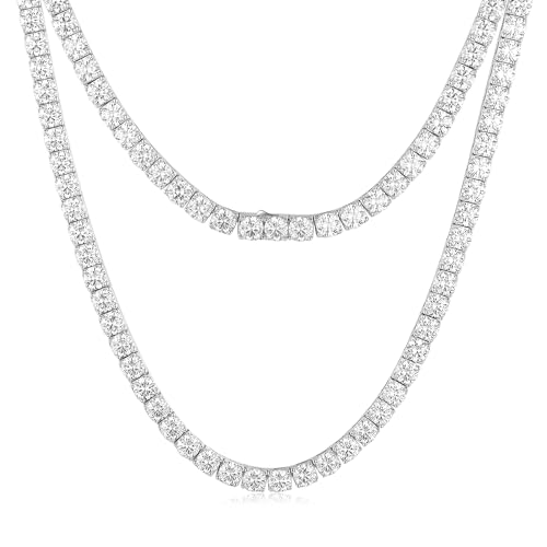 FANCIME Moissanite Tennis Necklace 12.9-47.5 Carats 925 Sterling Silver Tennis Necklace Chain 3mm/4mm/5mm D Color VVS1 Round Cut Moissanite Necklace for Men Women 18inch/20inch