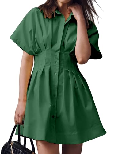 Image of MISSACTIVER Women Pleated Button Down Shirt Dress Short Sleeve Striped Corset Mini Dresses Casual Summer Short Dress