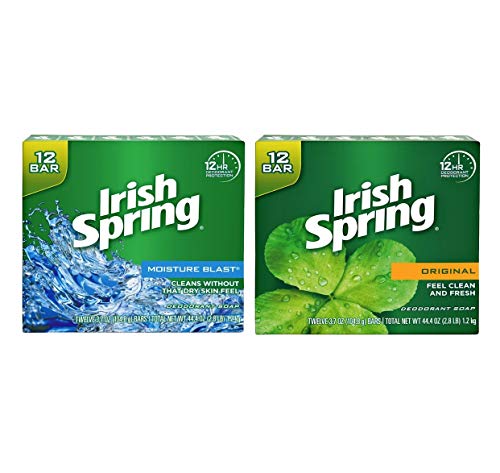 Irish Spring Bar Soap Variety Pack of 2 Cases- Original and Moisture Blast - 12 Bars Per Case - 24 Bars Total of Bulk Irish Spring Deodorant Soap - 3.7 oz Bars - 88.8 oz of Irish Spring Bar Soap Total