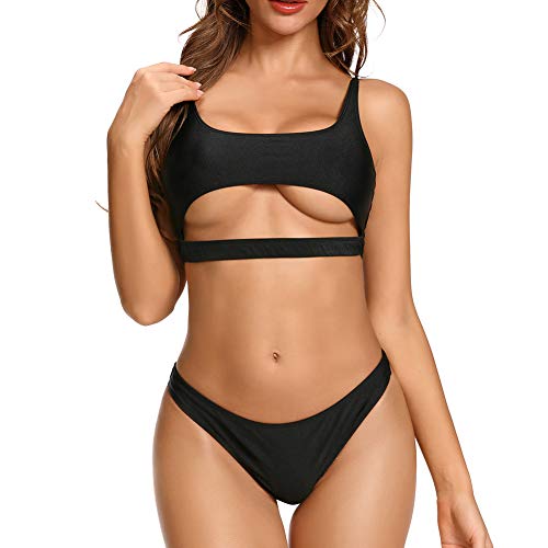 Dixperfect Women's Strappy Underboob Two Pieces Bikini Sets Sports Bra Cut Out Bathing Suit High Cut Leg Bottom (M, Black)