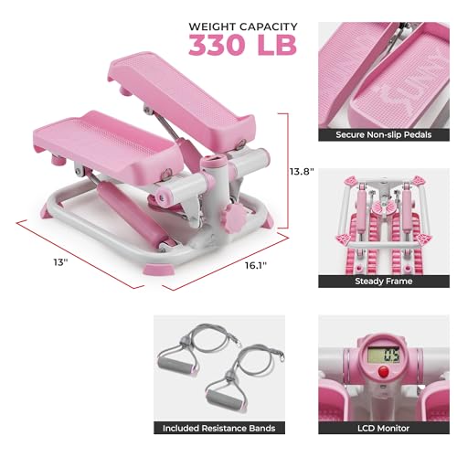 Sunny Health & Fitness Smart Mini Steppers for Exercise at Home, Stair Step Stepper Full-Body Workout, Gym Equipment Machine, Free SunnyFit App Connection Pink - P2000SMART