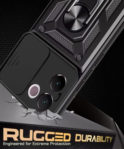 Image of WOW IMAGINE Tough Armor Bumper Mobile Back Case for Vivo V30e 5G | Sliding Camera Shield Cover | Shock Proof 360 Protection | Hybrid PC + TPU | Ring Holder with Kickstand - Black