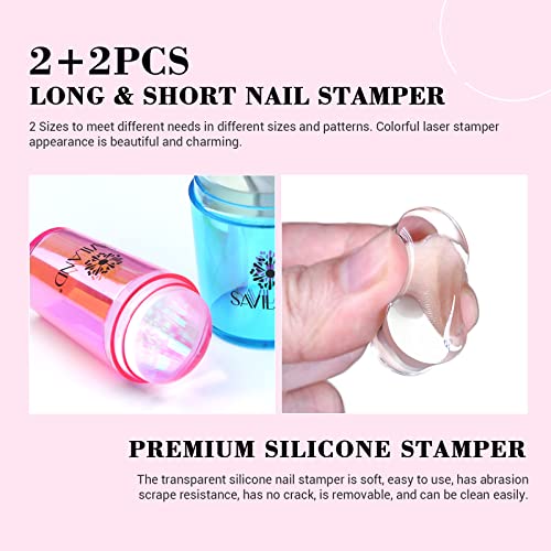 Saviland French Tip Nail Stamp - 18Pcs Clear Silicone Nail Stamping Nail Art Stamper Kit, Blue+Pink Radium Long & Short Jelly Stamper With Scrapers Nail Stamper Kit For French Manicure #TOP1