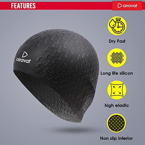 Image of Airavat Swim Bubble Cap, Silicone Swim Cap, Comfortable Bathing Cap Ideal for Curly Short Medium Long Hair, Swimming Cap for Women and Men (Black)