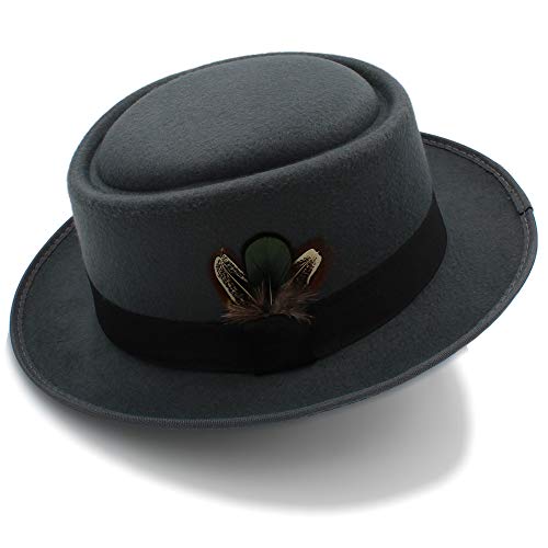 HUACHEN New Classic Wollfilz schwarz Pork Pie Hut Porkpie Jazz Fedora Hut rund Top Trilby geizig Krempe Feder Cap Outdoor-Hüte (Farbe : Grau, Größe : 56-58CM) Cover