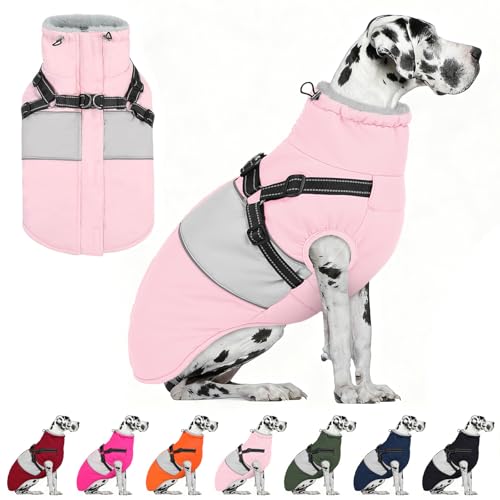 Image of AOFITEE Dog Coat, Large Dog Jacket, Dogs Coat with Harness Built in, Reflective Waterproof Dogs Jackets Winter with Furry Collar, Warm Polar Fleece Pet Sweater Snowsuit for Doberman, Great Dane XXXL